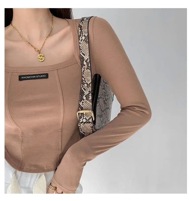 Cropped Top Women Fashion Skinny Sexy Long Sleeve T Shirts Female Casual Square Neck Tees - Blade & Thread