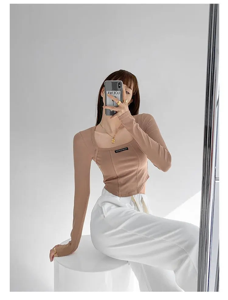 Cropped Top Women Fashion Skinny Sexy Long Sleeve T Shirts Female Casual Square Neck Tees - Blade & Thread