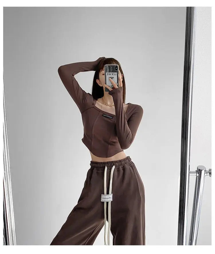 Cropped Top Women Fashion Skinny Sexy Long Sleeve T Shirts Female Casual Square Neck Tees nowadaysfashion