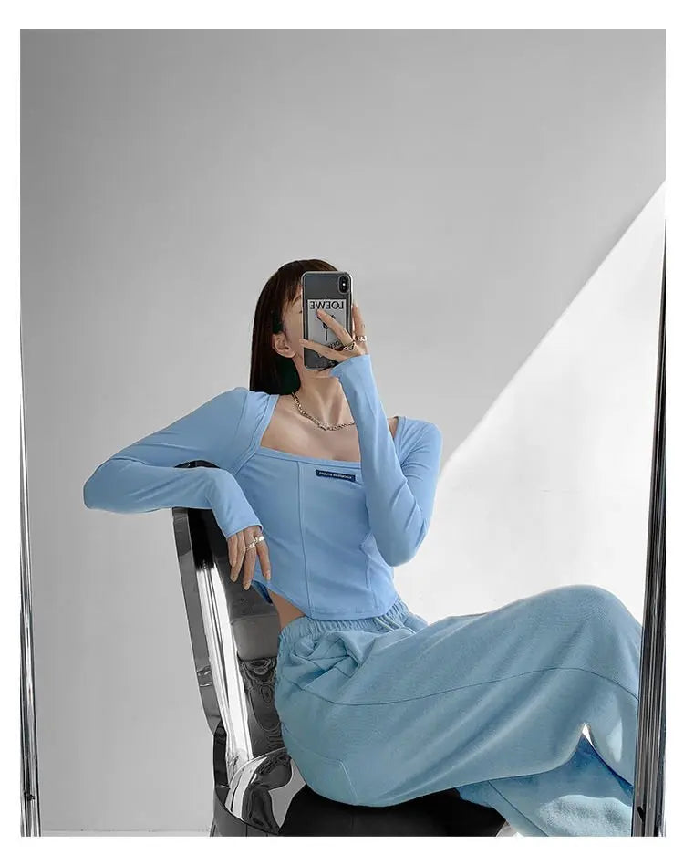 Cropped Top Women Fashion Skinny Sexy Long Sleeve T Shirts Female Casual Square Neck Tees nowadaysfashion
