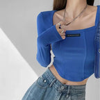Cropped Top Women Fashion Skinny Sexy Long Sleeve T Shirts Female Casual Square Neck Tees nowadaysfashion