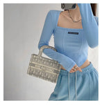 Cropped Top Women Fashion Skinny Sexy Long Sleeve T Shirts Female Casual Square Neck Tees nowadaysfashion