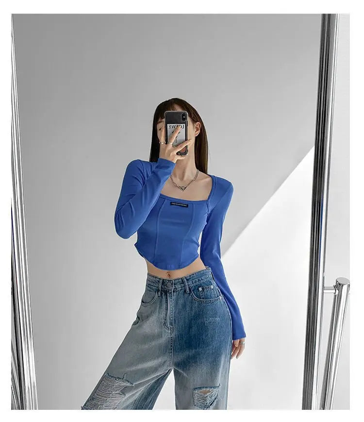 Cropped Top Women Fashion Skinny Sexy Long Sleeve T Shirts Female Casual Square Neck Tees - Blade & Thread