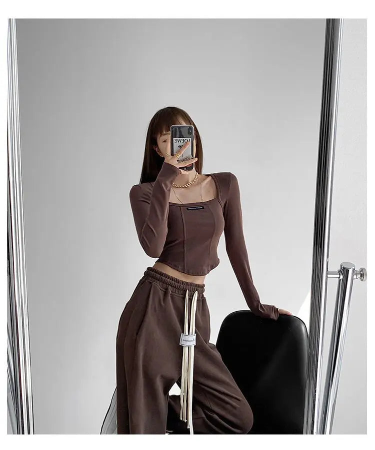 Cropped Top Women Fashion Skinny Sexy Long Sleeve T Shirts Female Casual Square Neck Tees nowadaysfashion