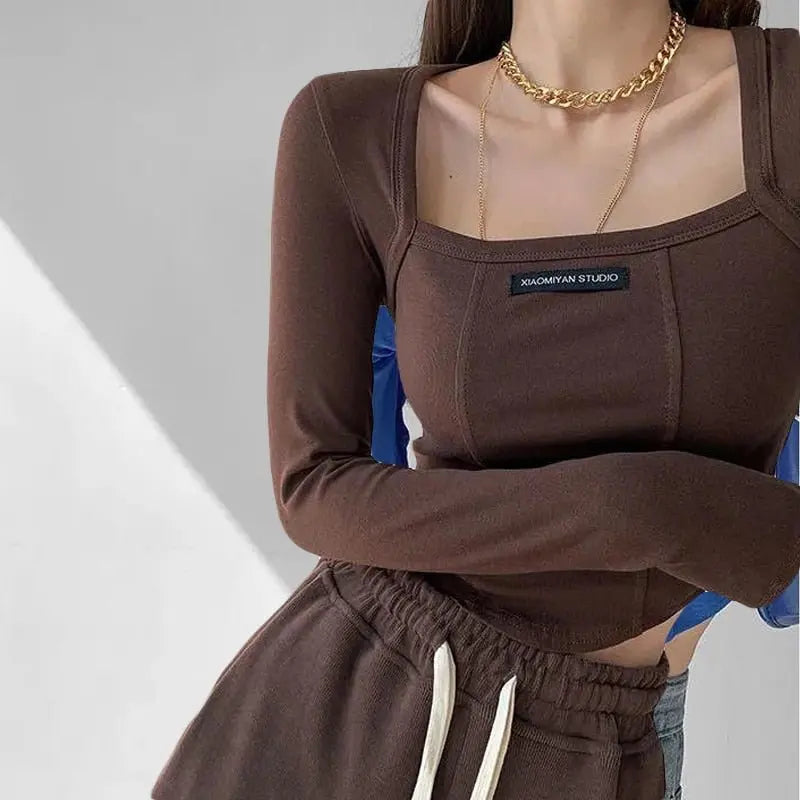 Cropped Top Women Fashion Skinny Sexy Long Sleeve T Shirts Female Casual Square Neck Tees nowadaysfashion