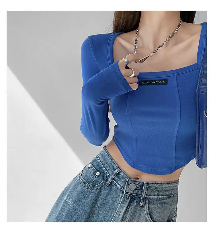 Cropped Top Women Fashion Skinny Sexy Long Sleeve T Shirts Female Casual Square Neck Tees nowadaysfashion