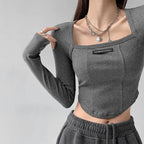 Cropped Top Women Fashion Skinny Sexy Long Sleeve T Shirts Female Casual Square Neck Tees nowadaysfashion