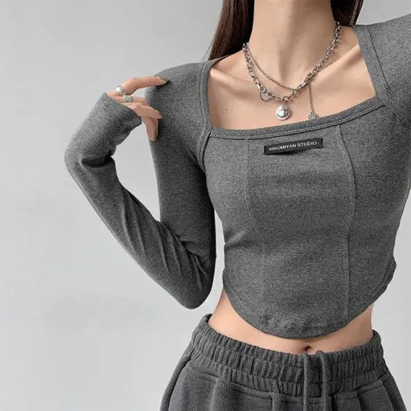 Cropped Top Women Fashion Skinny Sexy Long Sleeve T Shirts Female Casual Square Neck Tees - Blade & Thread