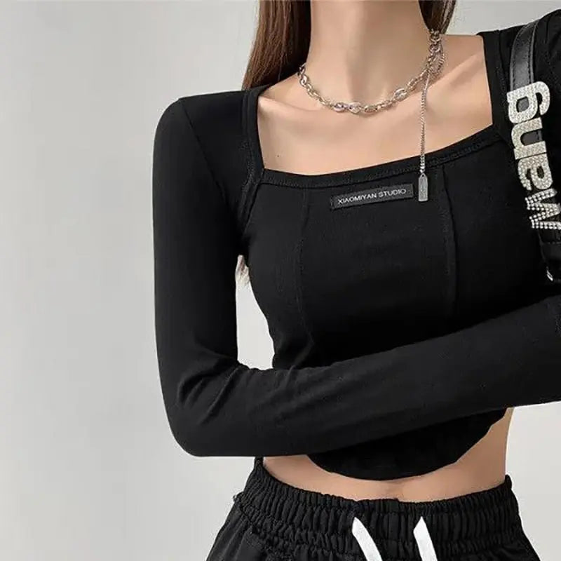 Cropped Top Women Fashion Skinny Sexy Long Sleeve T Shirts Female Casual Square Neck Tees - Blade & Thread