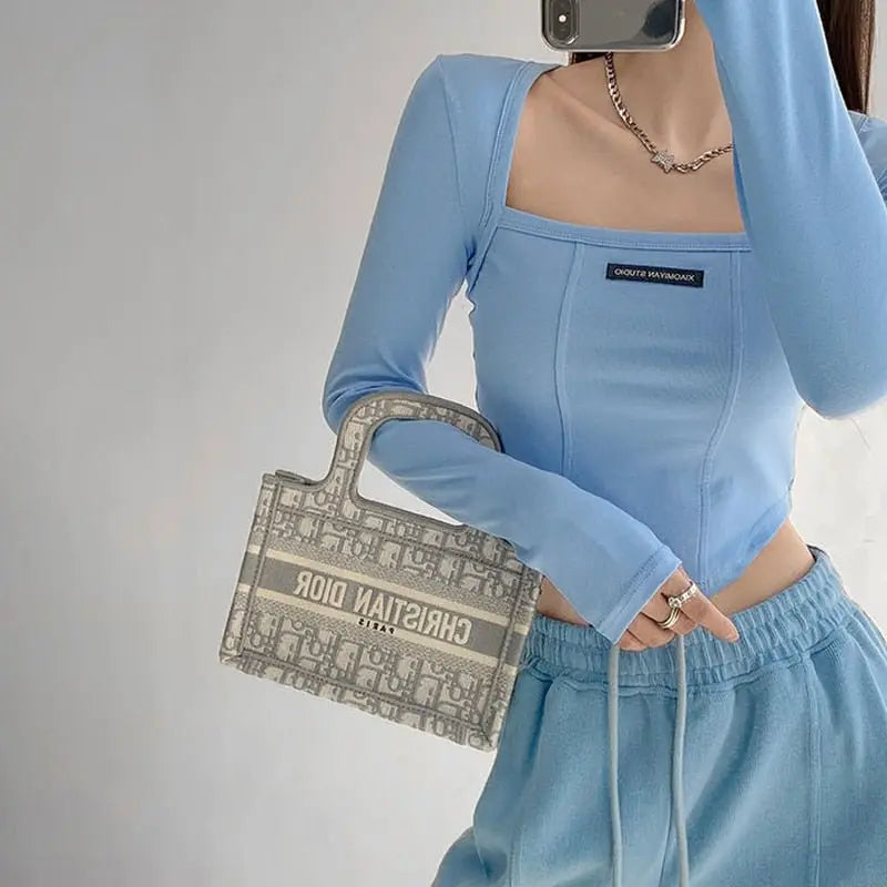 Cropped Top Women Fashion Skinny Sexy Long Sleeve T Shirts Female Casual Square Neck Tees nowadaysfashion