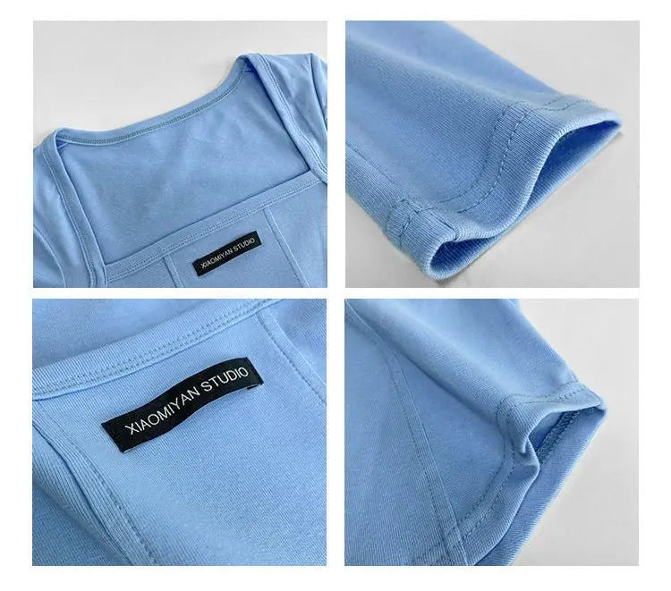 Cropped Top Women Fashion Skinny Sexy Long Sleeve T Shirts Female Casual Square Neck Tees - Blade & Thread