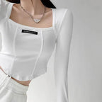 Cropped Top Women Fashion Skinny Sexy Long Sleeve T Shirts Female Casual Square Neck Tees nowadaysfashion