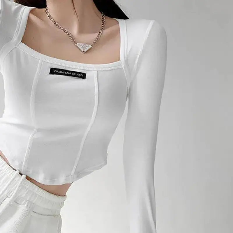 Cropped Top Women Fashion Skinny Sexy Long Sleeve T Shirts Female Casual Square Neck Tees - Blade & Thread