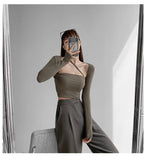 Cropped Tops Women Square Collar Slanted Shoulder Straps Halter Neck Long Sleeve T-shirt nowadaysfashion