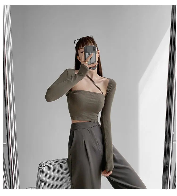 Cropped Tops Women Square Collar Slanted Shoulder Straps Halter Neck Long Sleeve T-shirt - Blade & Thread