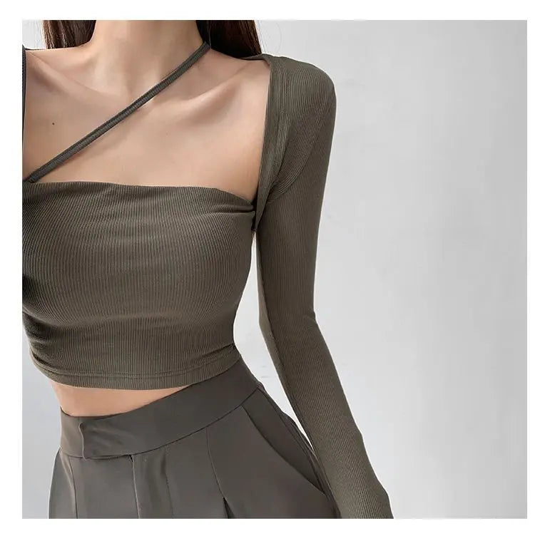 Cropped Tops Women Square Collar Slanted Shoulder Straps Halter Neck Long Sleeve T-shirt - Blade & Thread