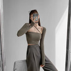 Cropped Tops Women Square Collar Slanted Shoulder Straps Halter Neck Long Sleeve T-shirt nowadaysfashion