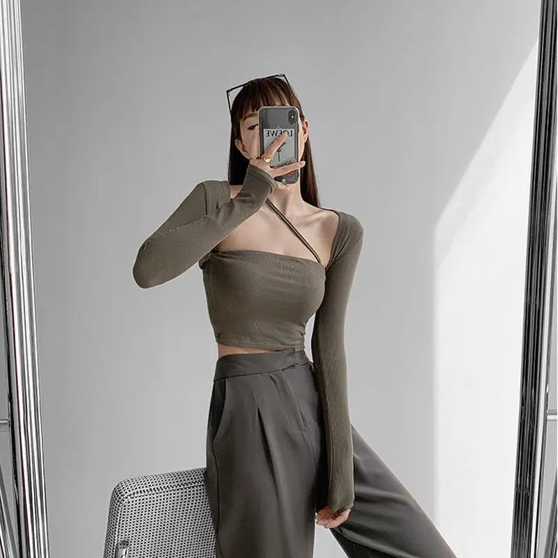 Cropped Tops Women Square Collar Slanted Shoulder Straps Halter Neck Long Sleeve T-shirt - Blade & Thread