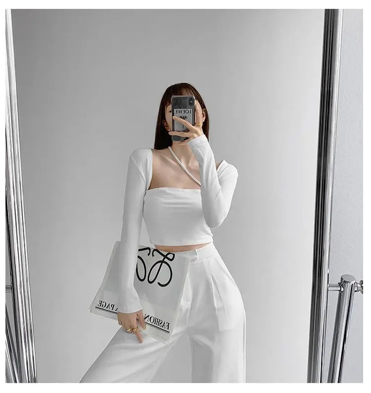 Cropped Tops Women Square Collar Slanted Shoulder Straps Halter Neck Long Sleeve T-shirt - Blade & Thread