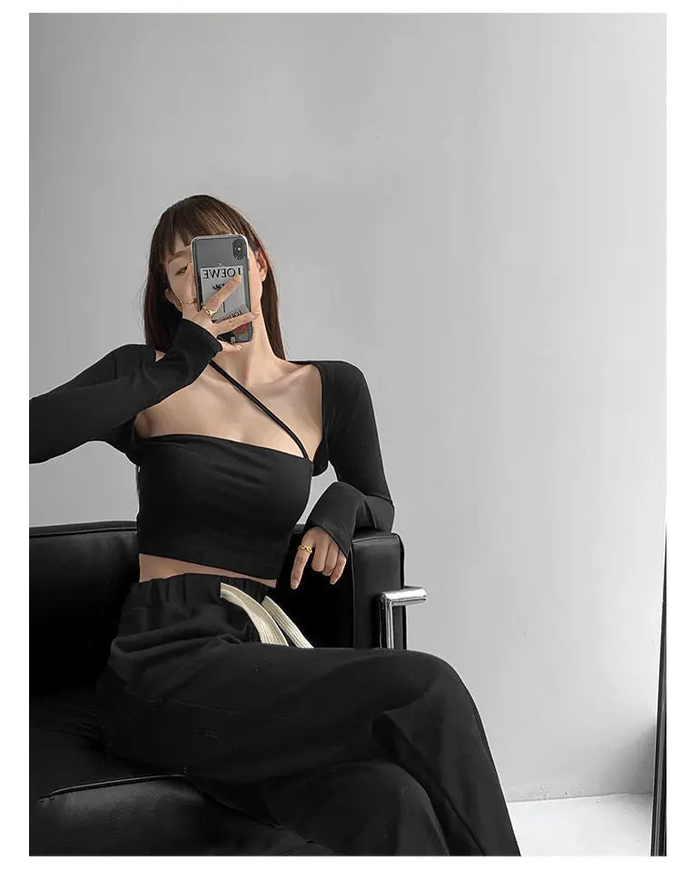 Cropped Tops Women Square Collar Slanted Shoulder Straps Halter Neck Long Sleeve T-shirt nowadaysfashion