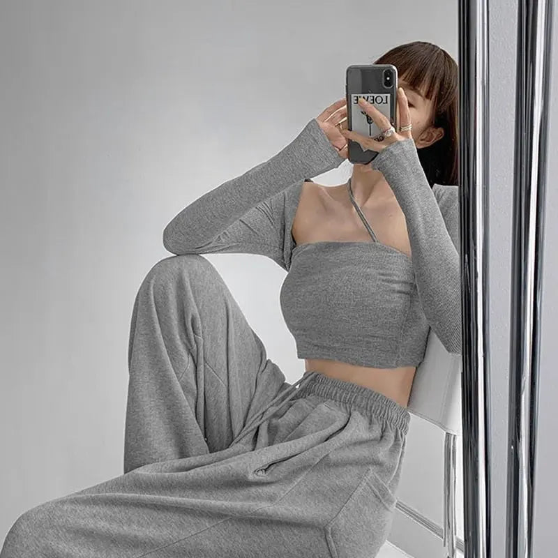 Cropped Tops Women Square Collar Slanted Shoulder Straps Halter Neck Long Sleeve T-shirt - Blade & Thread