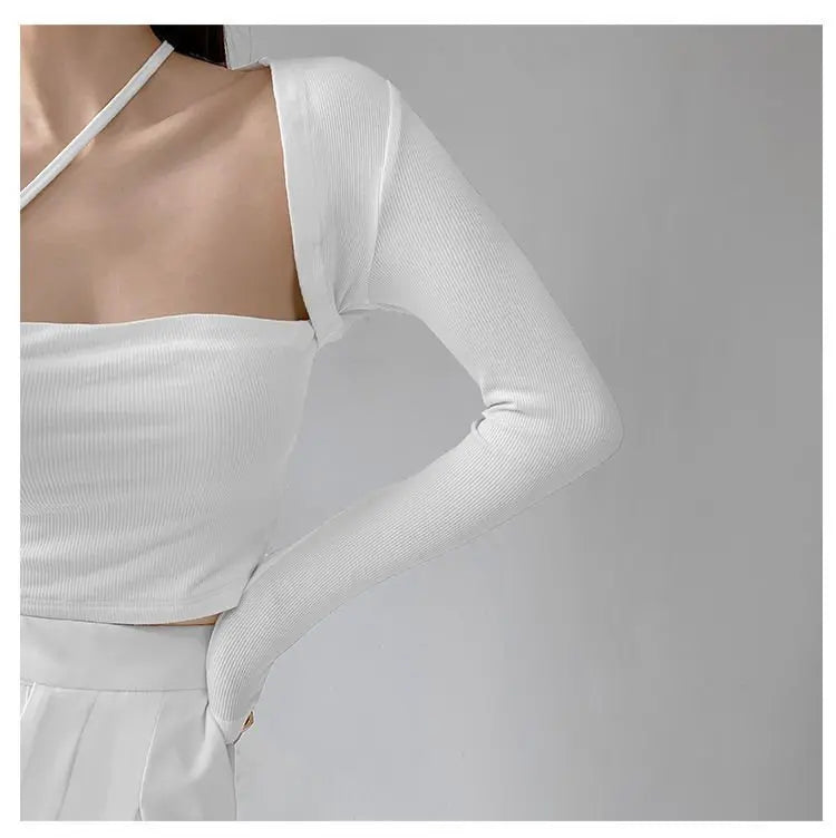 Cropped Tops Women Square Collar Slanted Shoulder Straps Halter Neck Long Sleeve T-shirt - Blade & Thread