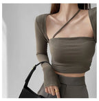 Cropped Tops Women Square Collar Slanted Shoulder Straps Halter Neck Long Sleeve T-shirt nowadaysfashion
