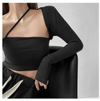 Cropped Tops Women Square Collar Slanted Shoulder Straps Halter Neck Long Sleeve T-shirt nowadaysfashion