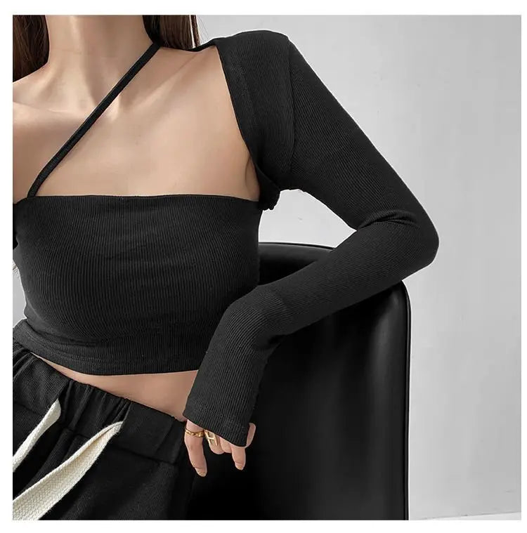Cropped Tops Women Square Collar Slanted Shoulder Straps Halter Neck Long Sleeve T-shirt nowadaysfashion