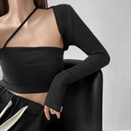 Cropped Tops Women Square Collar Slanted Shoulder Straps Halter Neck Long Sleeve T-shirt nowadaysfashion
