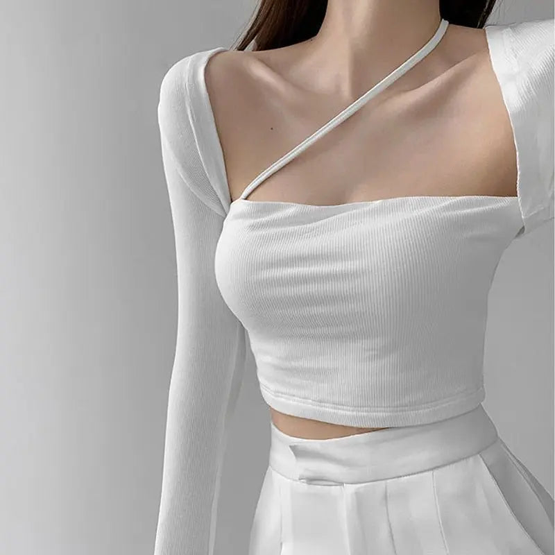 Cropped Tops Women Square Collar Slanted Shoulder Straps Halter Neck Long Sleeve T-shirt - Blade & Thread