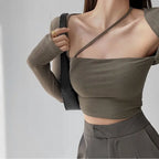 Cropped Tops Women Square Collar Slanted Shoulder Straps Halter Neck Long Sleeve T-shirt nowadaysfashion