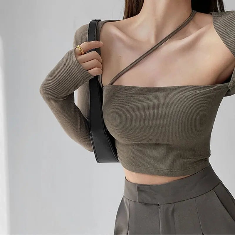 Cropped Tops Women Square Collar Slanted Shoulder Straps Halter Neck Long Sleeve T-shirt nowadaysfashion
