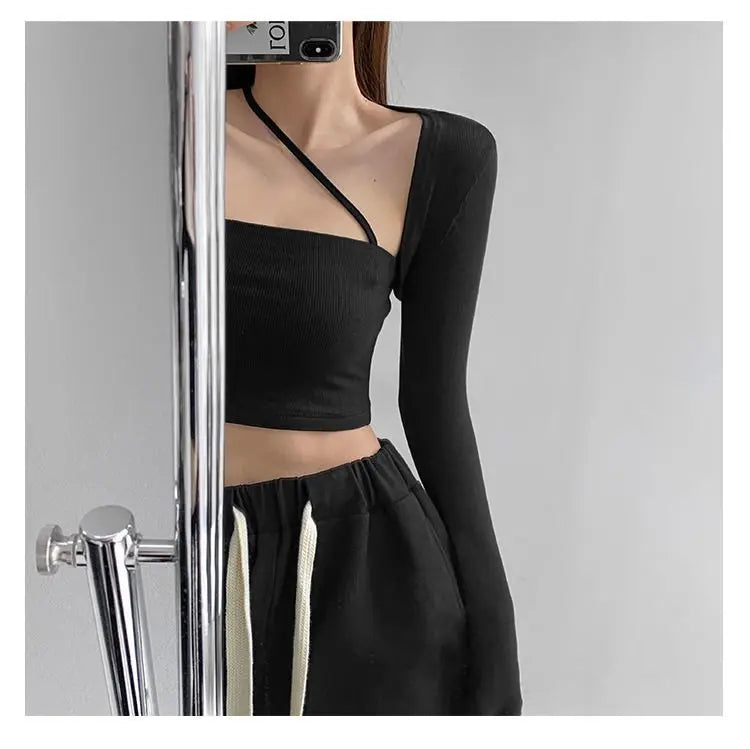 Cropped Tops Women Square Collar Slanted Shoulder Straps Halter Neck Long Sleeve T-shirt - Blade & Thread
