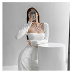 Cropped Tops Women Square Collar Slanted Shoulder Straps Halter Neck Long Sleeve T-shirt nowadaysfashion