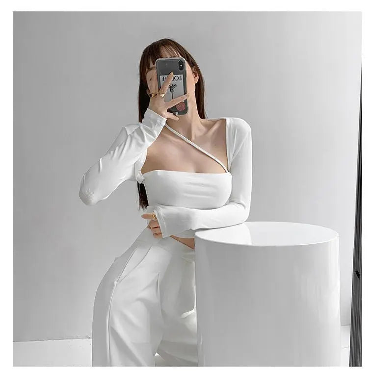 Cropped Tops Women Square Collar Slanted Shoulder Straps Halter Neck Long Sleeve T-shirt - Blade & Thread