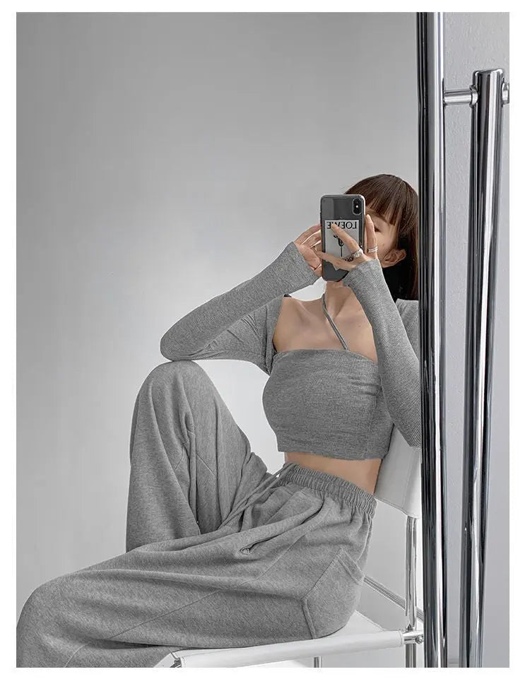 Cropped Tops Women Square Collar Slanted Shoulder Straps Halter Neck Long Sleeve T-shirt - Blade & Thread