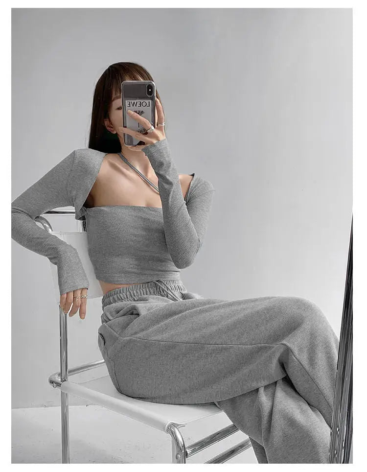 Cropped Tops Women Square Collar Slanted Shoulder Straps Halter Neck Long Sleeve T-shirt nowadaysfashion