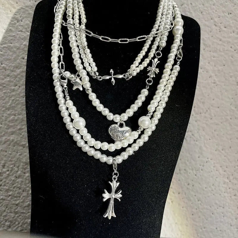 Cross heart star pearl necklace - Blade & Thread
