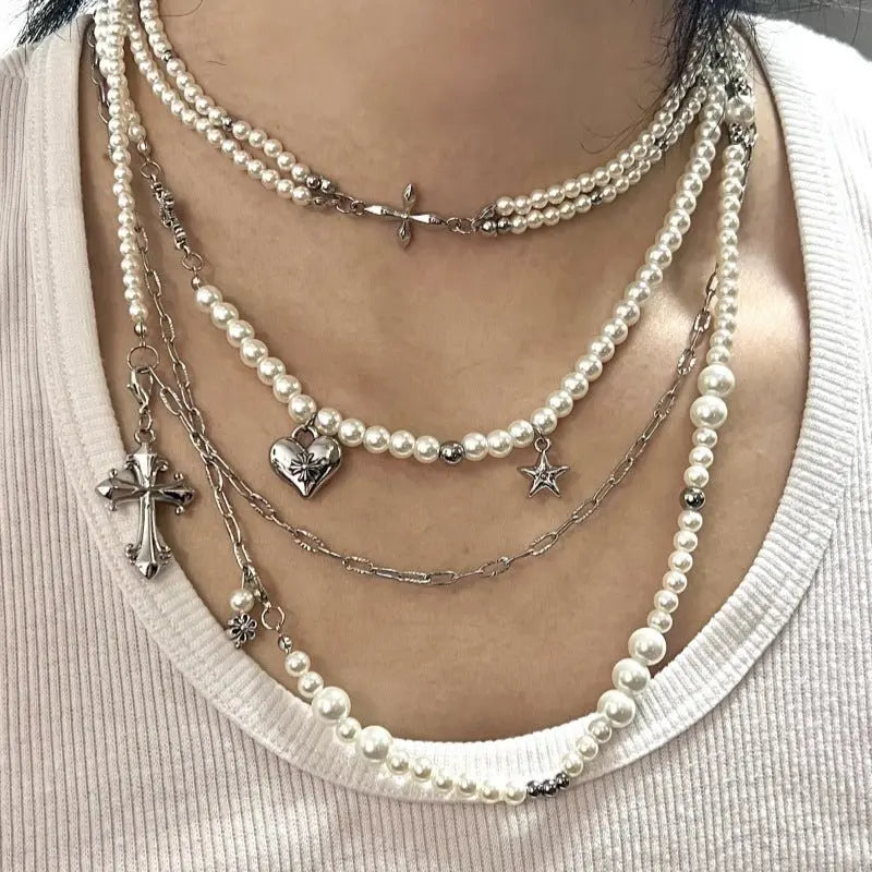Cross heart star pearl necklace - Blade & Thread