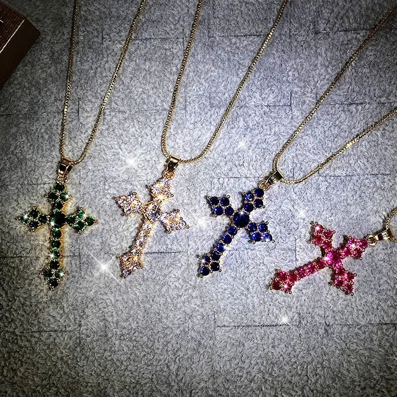 Cross Necklace Fashion White/Rose Red/Green Blue for Women Shiny Stylish Party Accessories - Blade & Thread