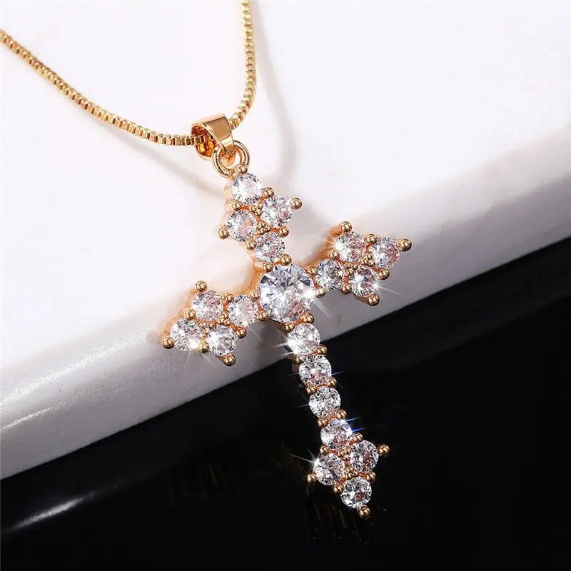Cross Necklace Fashion White/Rose Red/Green Blue for Women Shiny Stylish Party Accessories - Blade & Thread