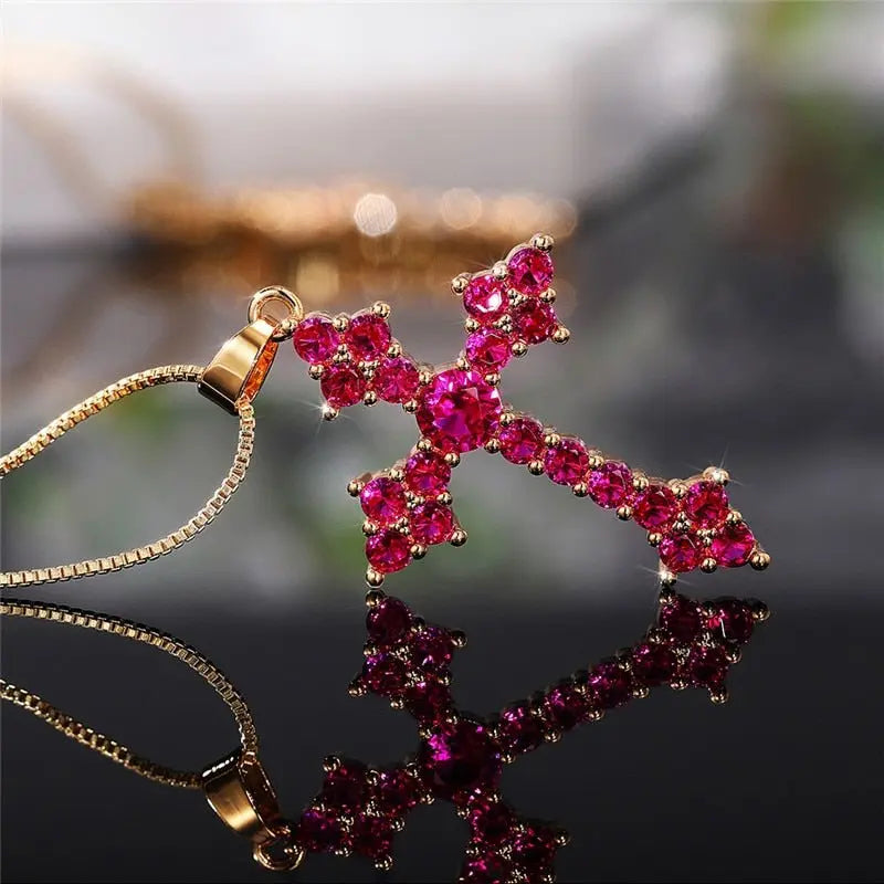 Cross Necklace Fashion White/Rose Red/Green Blue for Women Shiny Stylish Party Accessories - Blade & Thread