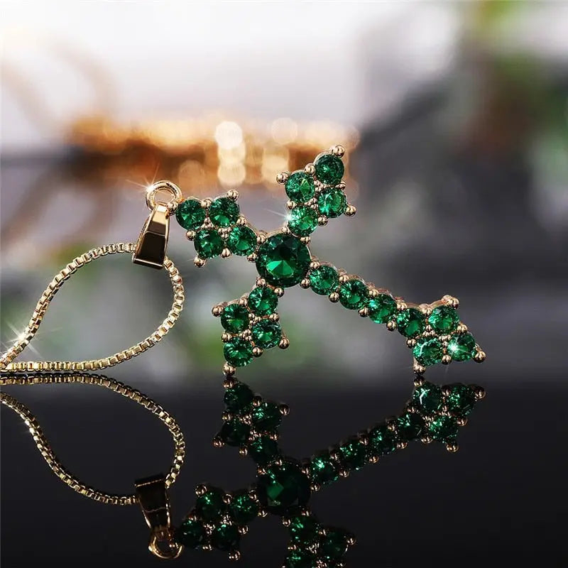 Cross Necklace Fashion White/Rose Red/Green Blue for Women Shiny Stylish Party Accessories - Blade & Thread