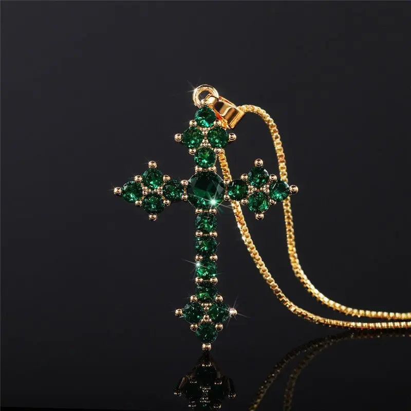 Cross Necklace Fashion White/Rose Red/Green Blue for Women Shiny Stylish Party Accessories - Blade & Thread