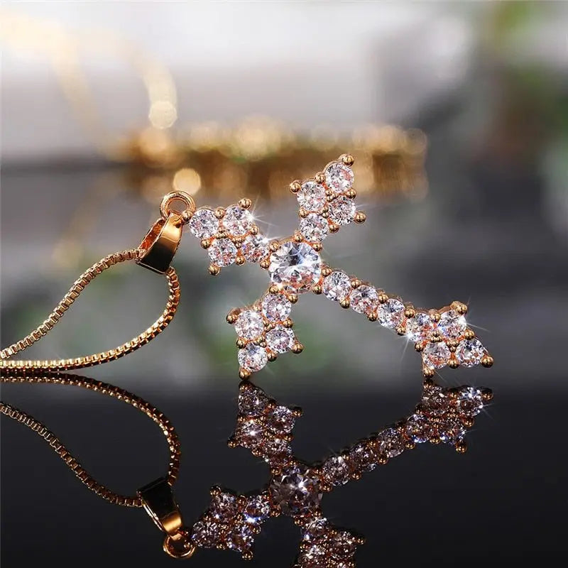 Cross Necklace Fashion White/Rose Red/Green Blue for Women Shiny Stylish Party Accessories - Blade & Thread
