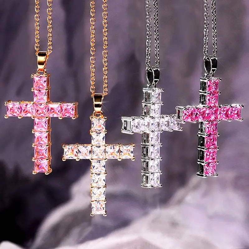 Cross Necklace Female Inlaid White/Pink Cubic Zirconia Fashionable for Party Jewelry - Blade & Thread