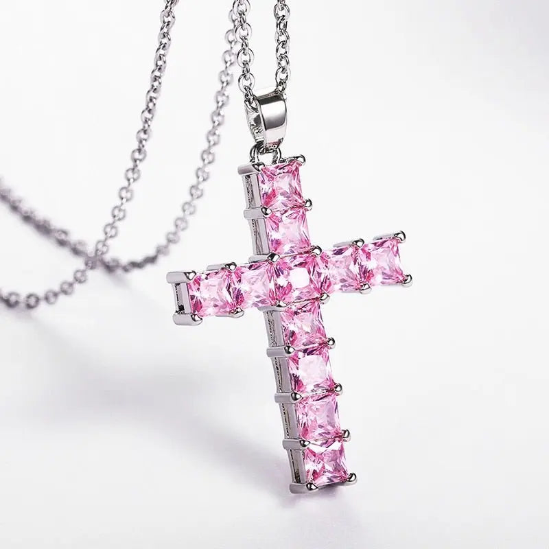 Cross Necklace Female Inlaid White/Pink Cubic Zirconia Fashionable for Party Jewelry nowadaysfashion