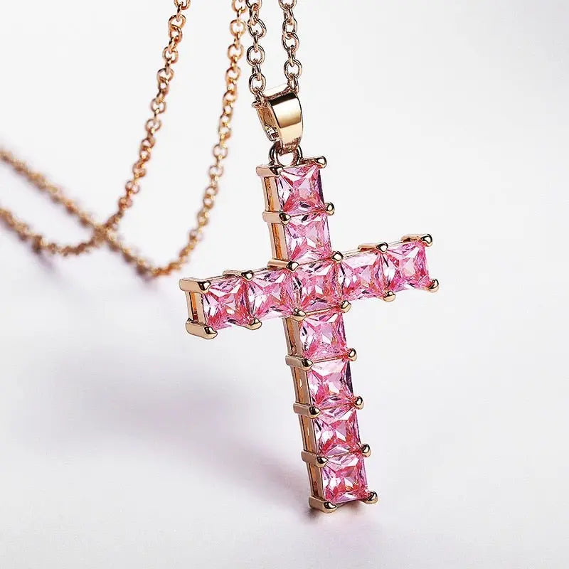 Cross Necklace Female Inlaid White/Pink Cubic Zirconia Fashionable for Party Jewelry nowadaysfashion