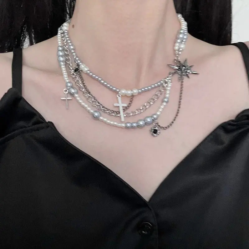 Cross star-shaped pearl multi-layered necklace nowadaysfashion